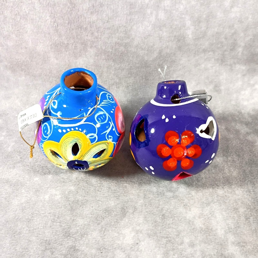 Mexican Hand Painted Ceramic Christmas Ornaments Folk Art Holiday Decor Set of 2